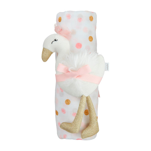 Mud Pie Pink & Gold Swan Swaddle & Rattle Set